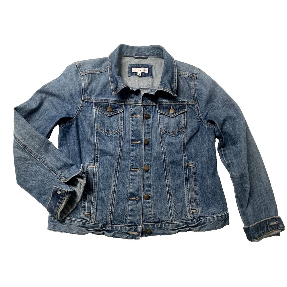 Ann Taylor LOFT Trucker Jacket Womens M Blue Medium Wash Denim Button Front
